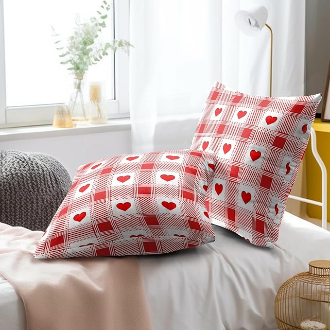 Love Hearts Throw Pillow Covers 18x18 Inch – Pack of 2 Red and White Checkered Plaid Romantic Cotton Hidden Zipper Pillowcases for Couch Sofa Chair Bed Porch Farmhouse Home Decor