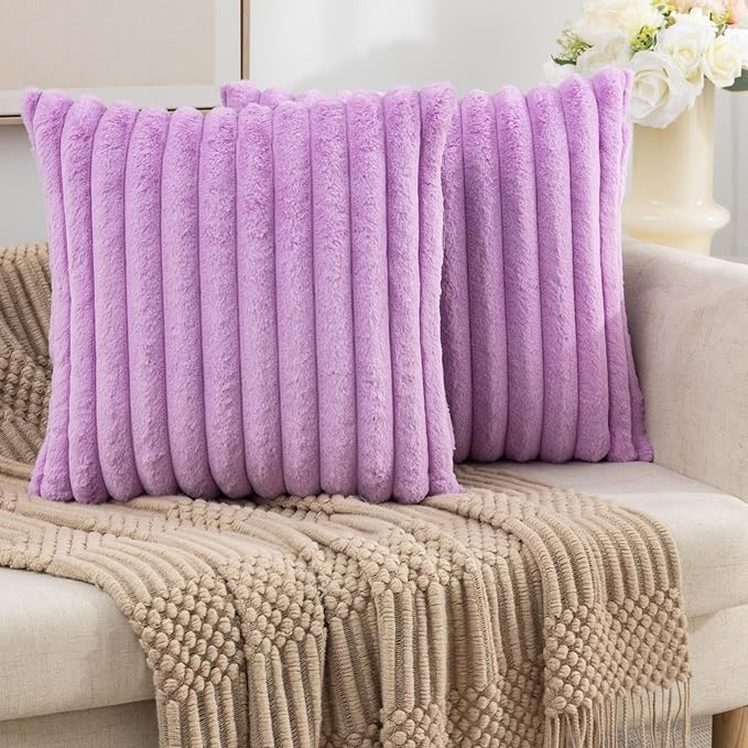 ZLINA Set of 2 Light Purple Faux Fur Decorative Throw Pillow Covers Fluffy Striped Pillowcase Cushion Covers 20 x 20 Inch Decor Sofa Couch Bedroom