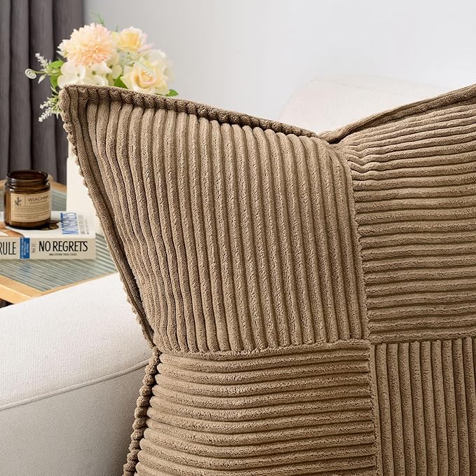 HAUSSY Brown Throw Pillow Covers 22x22 Inch Set of 2, Soft Corduroy Solid Striped,Square Decorative Cushion Case,Winter Home Decorations for Couch,Bed