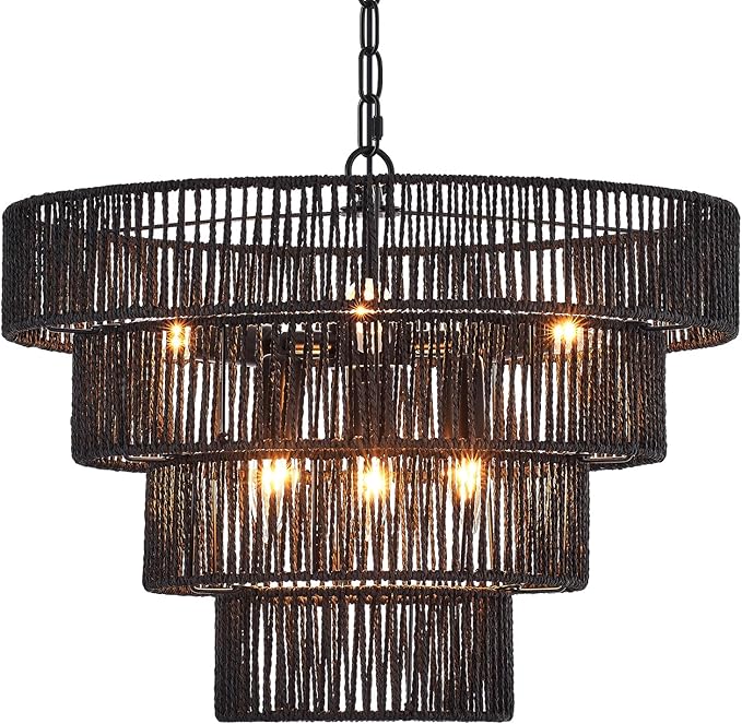 Black Rattan Chandelier Vintage Farmhouse 6-Lights Boho Hand-Woven Bamboo Black Chandeliers Light Fixture Retro Drum Wicker Chandelier for Dining Room, Kitchen, Living Room, E12