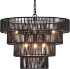 Black Rattan Chandelier Vintage Farmhouse 6-Lights Boho Hand-Woven Bamboo Black Chandeliers Light Fixture Retro Drum Wicker Chandelier for Dining Room, Kitchen, Living Room, E12