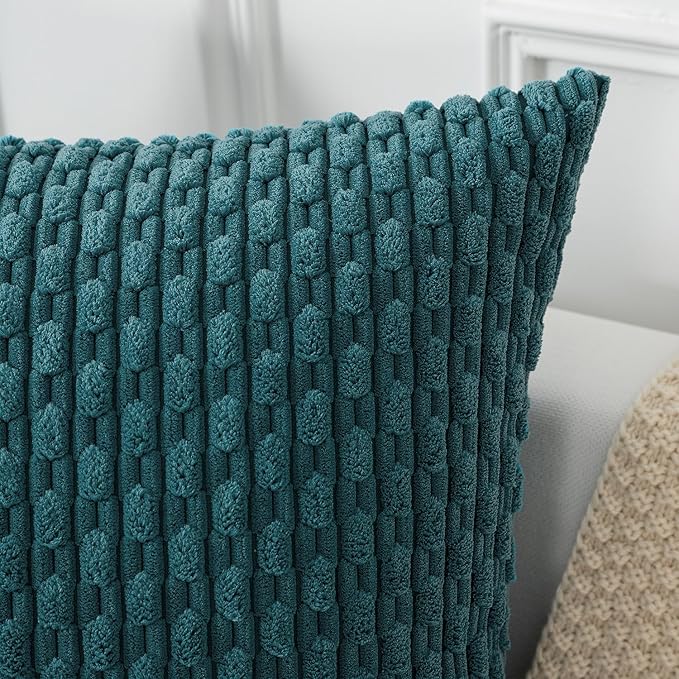 Kevin Textile Throw Pillow Covers Soft Corduroy Decorative Set of 2 Boho Striped Pillow Covers Pillowcases Farmhouse Home Decor for Couch Bed Sofa Living Room 24x24 Inch Teal Blue