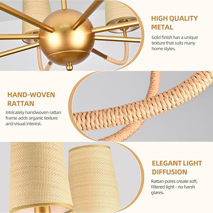 39" Gold Boho Rattan Chandelier for Living Room 8-Light Large Coastal Boho Pendant Light Fixture Bedroom Adjustable Rustic Farmhouse Chandeliers for Dining Room Kitchen Island Foyer