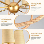39" Gold Boho Rattan Chandelier for Living Room 8-Light Large Coastal Boho Pendant Light Fixture Bedroom Adjustable Rustic Farmhouse Chandeliers for Dining Room Kitchen Island Foyer