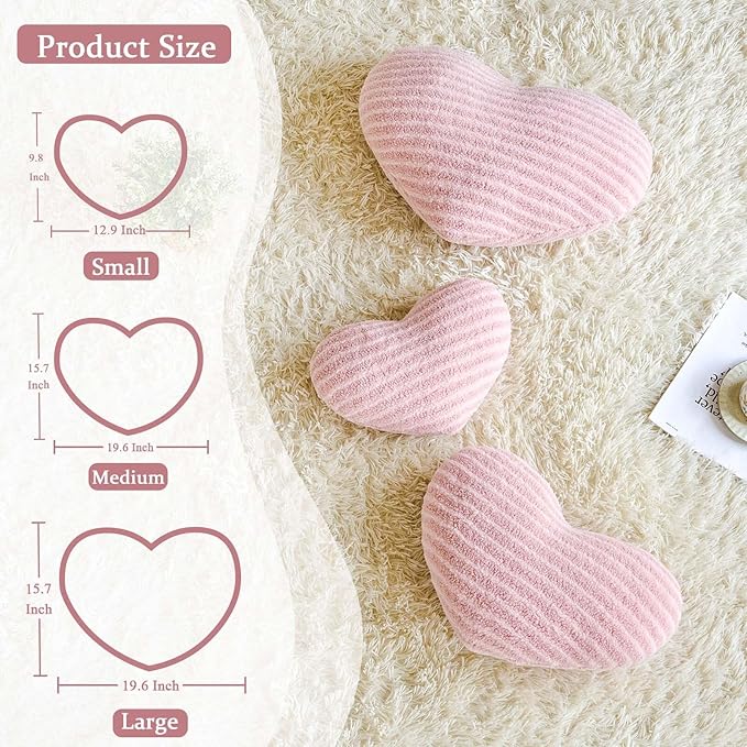 Dusty Pink Heart Pillows, 15.7" Cute Heart Decorative Pillow, Stripe Heart Shaped Plush Throw Pillows for Bed