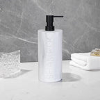 Matte White Shampoo Dispenser Modern Refillable Pump Bottle with Embossed Text, Durable Resin Construction for Bathroom and Kitchen