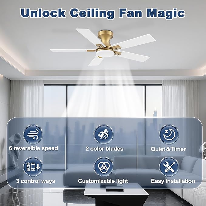 42inch Smart Low Profile Ceiling Fan with Lights Remote,Quite DC Motor,WiFi Voice Control via Alexa,Outdoor Indoor Modern Flush Mount Ceiling Fans,for Small Bedroom Patio Porch,Glod and White Black