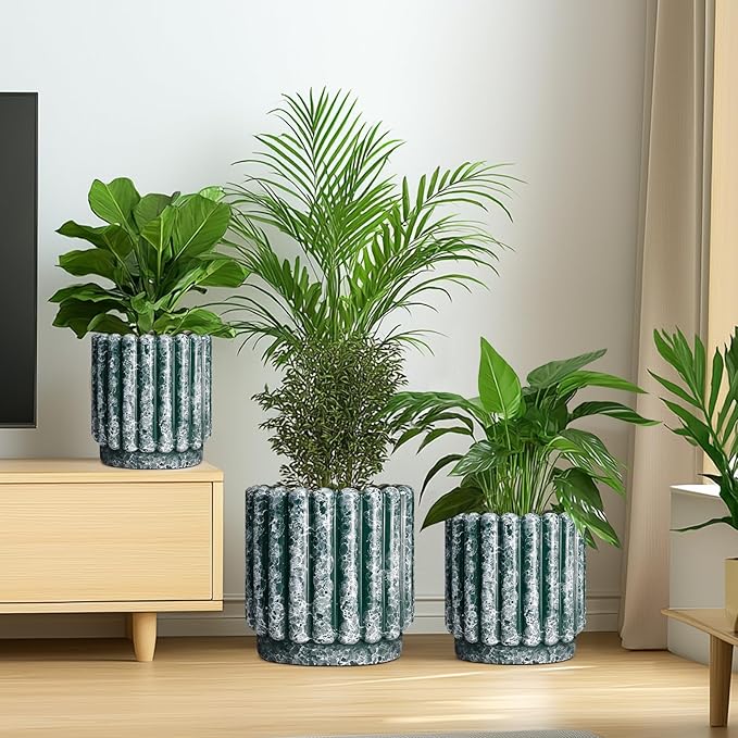 12 Inch Pots for Plants - Ceramic Indoor Planters with Drainage Hole, Decorative Large Planters for Outdoor Plants, Fluted Round Ceramic Flower Pots, Home Patio Decor, Birthday Gifts, Green