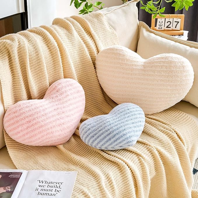 Pink Heart Pillows, 12.9" Cute Heart Decorative Pillow, Stripe Heart Shaped Plush Throw Pillows for Bed