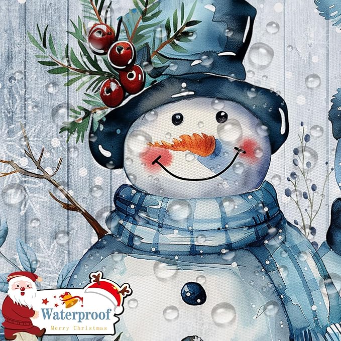 Blue Christmas Snowman Shower Curtain, Cute Winter Snowflake Snowman Poinsettia Floral Eucalyptus Leaves Decoration Xmas Shower Curtain for Bathroom, Fabric Holiday Bath Curtain Set with Hooks 72X72