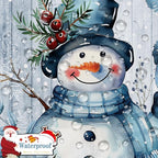 Blue Christmas Snowman Shower Curtain, Cute Winter Snowflake Snowman Poinsettia Floral Eucalyptus Leaves Decoration Xmas Shower Curtain for Bathroom, Fabric Holiday Bath Curtain Set with Hooks 72X72