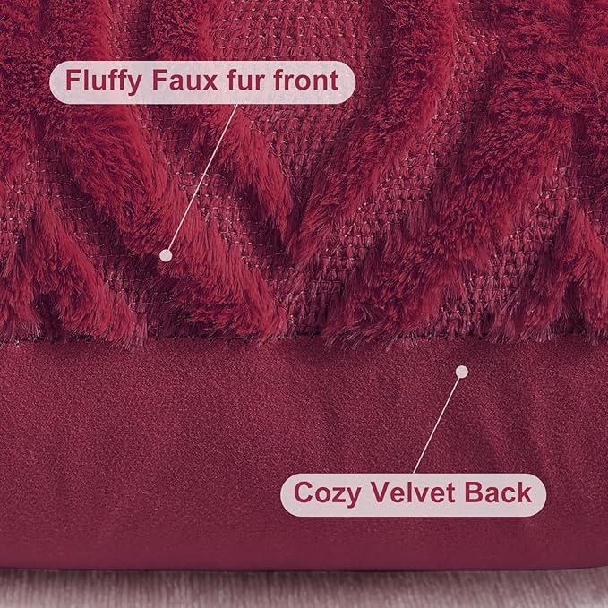 decorUhome Christmas Throw Pillow Covers 20x20 Inch Set of 2, Soft Plush Decorative Faux Fur Burgundy Solid Couch Pillow Covers, Accent Farmhouse Neutral Square Euro Pillow Cases for Sofa Living Room