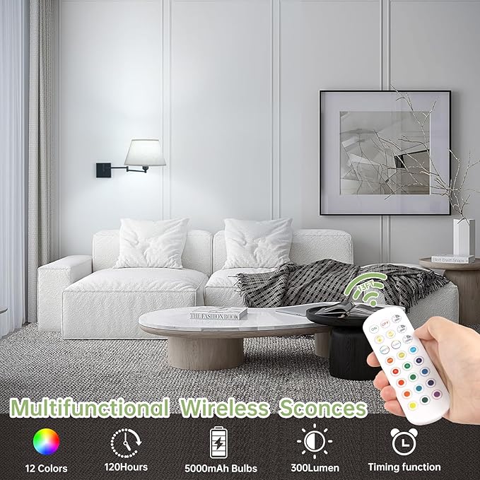 Battery Operated Wall Sconces Set of 2, Swing Arm Adjustable Wall Lamp 5000 mAh Rechargeable Bulb with 12 RGB Colors Dimmable Wall Sconce for Living Room Bedroom