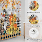 Fall Gnome Plaid Pumpkin Shower Curtain Autumn Maple Leaves Sunflower Orange Plaid Thanksgiving Farmhouse Bathroom Curtains Waterproof Polyester Fabric Bath Curtain 72 x 72 Inch with 12 Hooks
