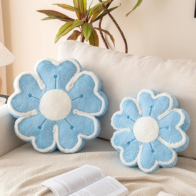 Flower Shaped Decorative Throw Pillow Cushion for Bed Couch, Cute Flower Plush Throw Pillows Home Decor Floor Pillow Seating Cushions (Blue, 13.7 Inches)