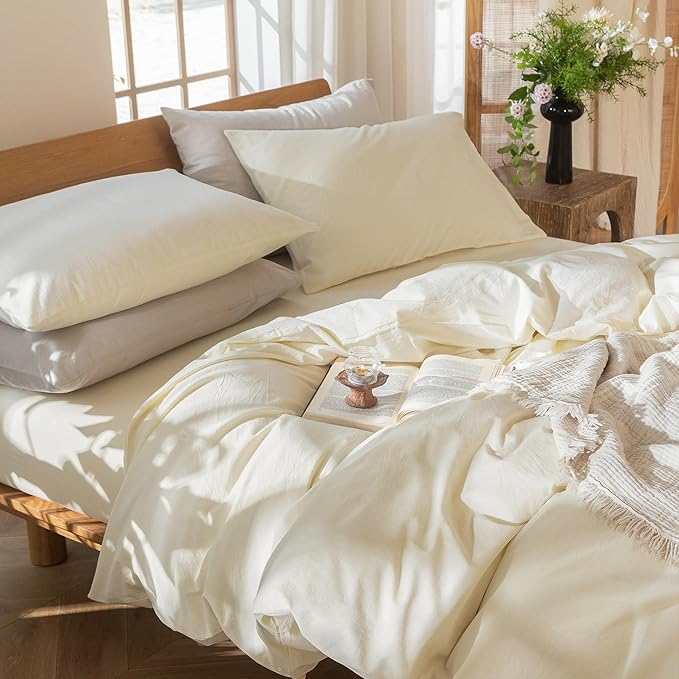 MooMee Bedding Duvet Cover Set 100% Washed Cotton Linen Like Textured Breathable Durable Soft Comfy (Solid Cream White, Twin 68"x90")