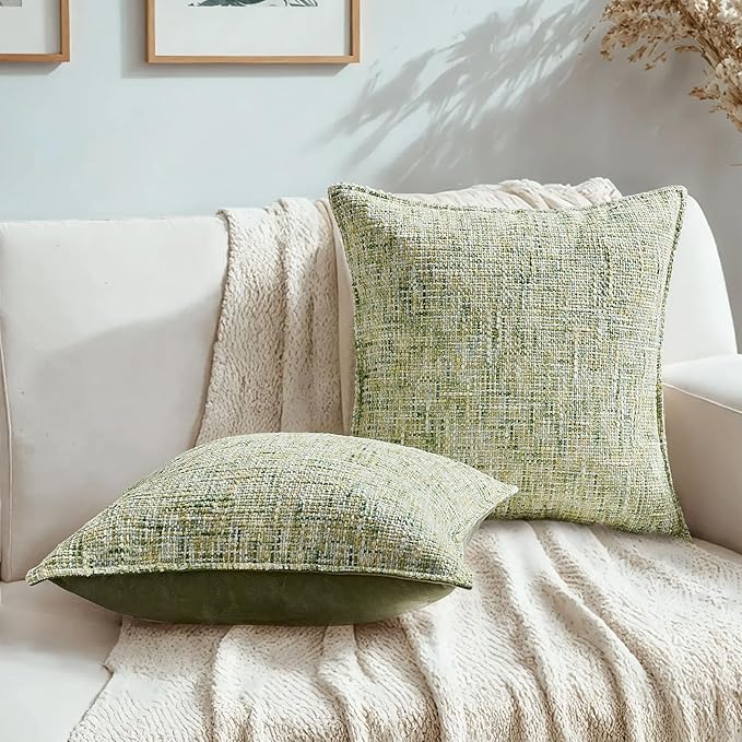 HAUSSY Creen Throw Pillow Covers 20x20 Set of 2 Chenille Tweed Textured Decorative Couch Lumbar Pillow Covers Neutral Modern Pillow Cases for Sofa Bed Living Room Decor