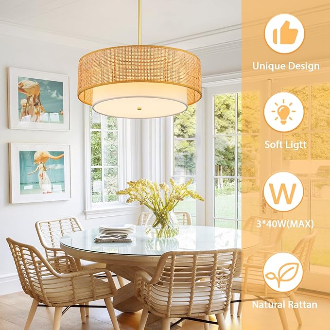 18'' Rattan Farmhouse Chandelier, 3-Lights Boho Large Pendant Light Fixture,Hand Woven Chandeliers for Dining Room with Fabric Shade, Hanging Rattan Drum Light Fixtures for Kitchen Hallway