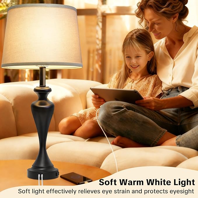 28.5" Tall Touch Table Lamp Set of 2, Bedside Lamps with USB C+A & AC Port, 3 Way Dimmable Lamps for Night Stands, 2700K Black Farmhouse Bedroom Lamp for Living Room End Tables Office Desk