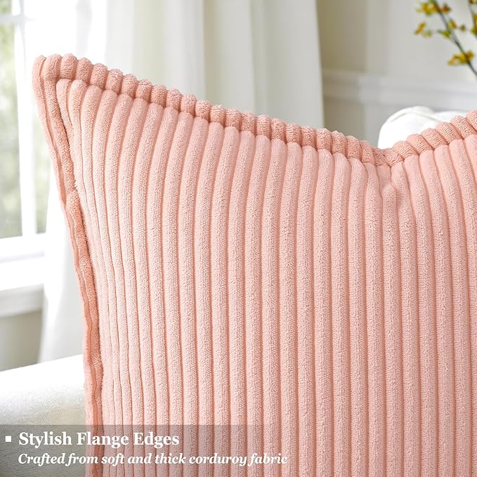 decorUhome Corduroy Pink Throw Pillow Covers 20x20 Set of 2 Decorative Soft Boho Farmhouse Euro Couch Pillow Covers for Living Room Bed Sofa Broadside Striped Pillow Cases