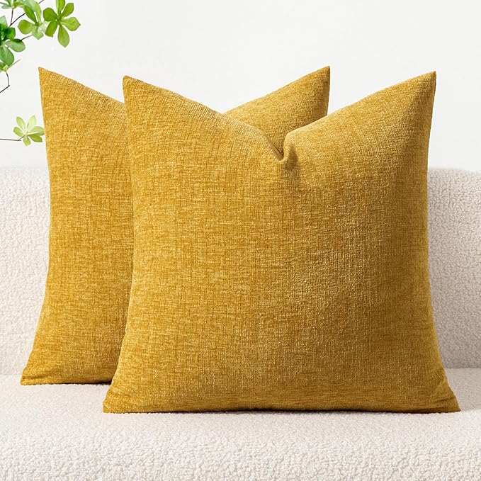 MIULEE Pack of 2 Mustard Yellow Throw Pillow Covers 16x16 Inch Soft Spring Chenille Pillow Covers for Sofa Living Room Couch Solid Dyed Cases