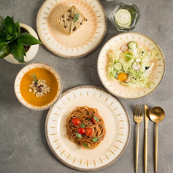 MissYip Melamine Dinnerware Set, 16 Piece for 4, Unbreakable Kitchen Plastic Plates and Bowls set, Indoor and Outdoor Use Tableware, BPA Free, Dishwasher Safe, Not Microwave, Not Oven(Cream)