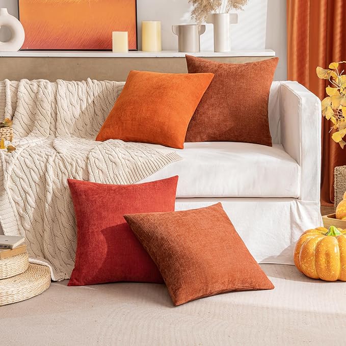 MIULEE Pack of 2 Decorative Throw Pillow Covers Soft Chenille Throw Pillows Solid Textured Fall Cushion Covers for Couch Sofa Bedroom Living Room 18x18 Inch, Dark Rust