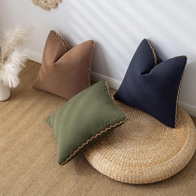 Decorative Neutral Linen Throw Pillow Covers 20x20 Inch Set of 2, Terracotta Boho Farmhouse Pillow Covers with Braid Fringe for Sofa Bed Modern Couch Pillow Cases for Organic Home Decor