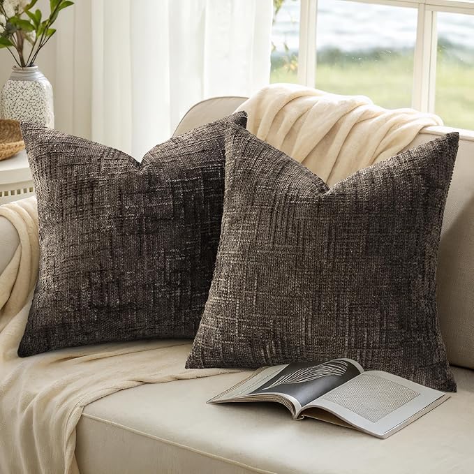 decorUhome Dark Brown Chenille Throw Pillow Covers 18x18 Set of 2 Thick Textured Slubby Couch Pillow Covers Farmhouse Accent Modern Neutral Decorative Pillow Cases for Bed Sofa Living Room