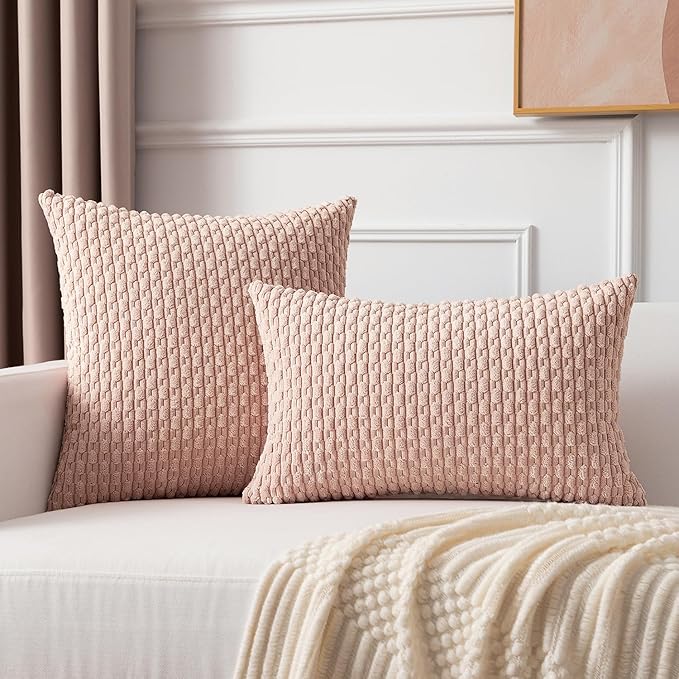 Kevin Textile Pack of 2 Corduroy Decorative Throw Pillow Covers 12x20 Inch Valentine' s Day Soft Boho Striped Pillow Covers Modern Home Decor Gifts for Spring Sofa Living Room Couch Bed Light Pink