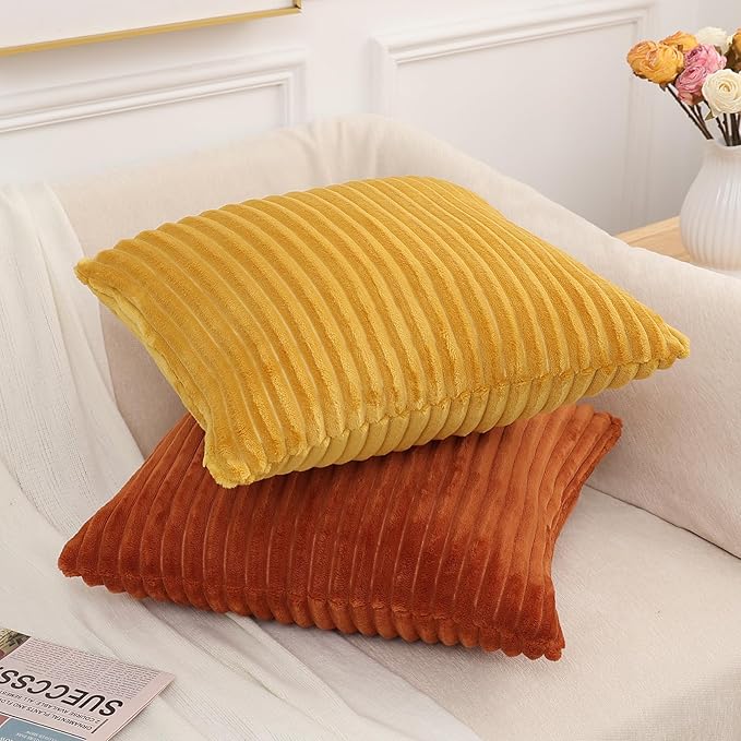 Simmore Decorative Fall Throw Pillow Covers 20x20 Set of 2, Soft Natural Plush Flannel Double-Sided Fluffy Couch Pillow Covers for Sofa Living Room, Mustard Yellow