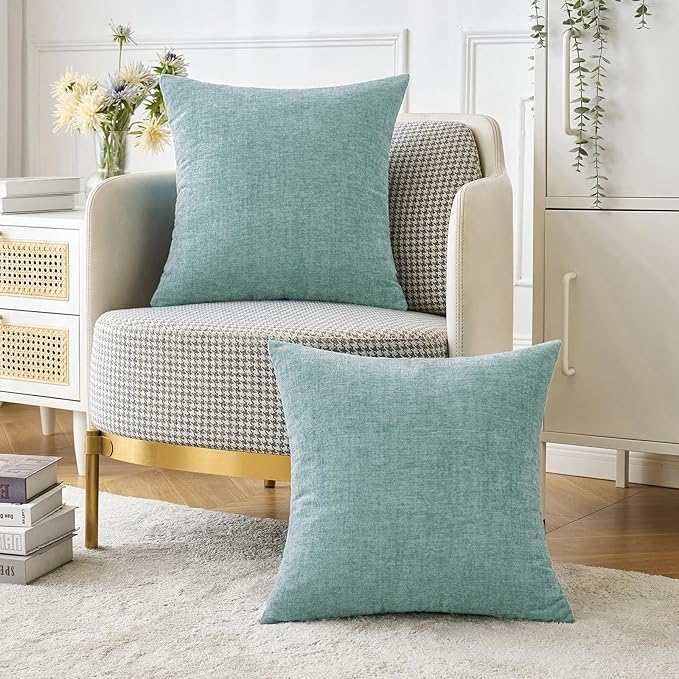 MIULEE Pack of 2 Couch Throw Pillow Covers 16x16 Inch Soft Aqua Green Chenille Pillow Covers for Sofa Living Room Solid Dyed Pillow Cases