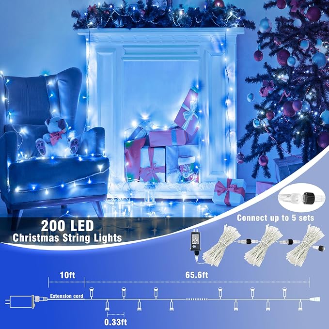 Vivideal 200 LED Christmas Lights Outdoor, 66ft Christmas String Lights 8 Modes Plug in Waterproof Fairy Lights with Timer Memory for Indoor Outside Bedroom Home Party Decoration, Blue&White
