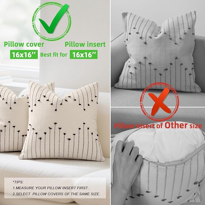 YCOLL Boho Throw Pillow Covers 16x16 Set of 2 Neutral Woven Decorative Pillowcases Cotton Tufted Couch Pillows Modern Farmhouse Accent Cushion Covers for Sofa Couch Bed Living Room Home Decor, Black