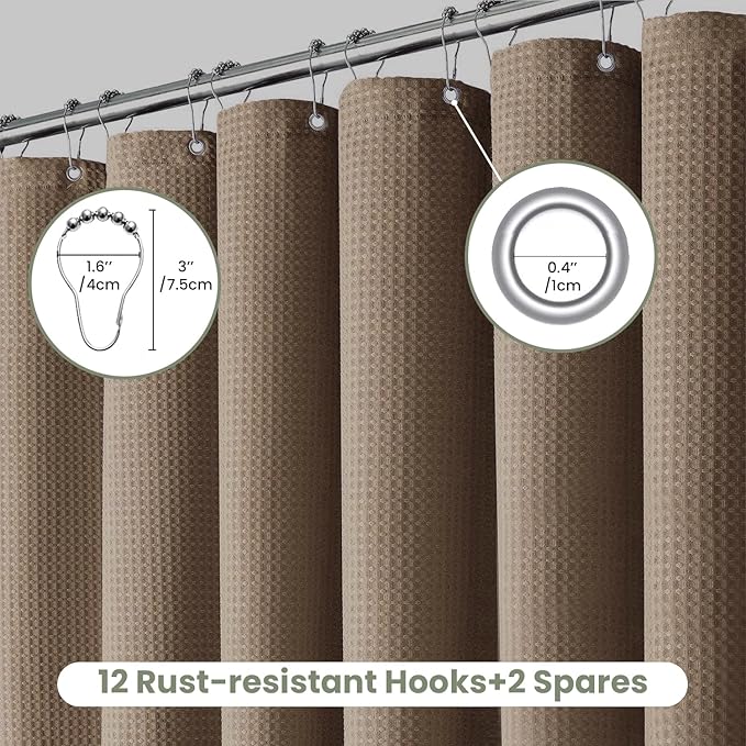 Inhousolu Fabric Shower Curtain Waffle Weave, 230 GSM Heavy Duty, Weighted Hem, 14 Metal Hooks, Water Repellent, Machine Washable, Hotel Spa Luxury Bath Curtain Set, 72 x 72 Inch, Brown