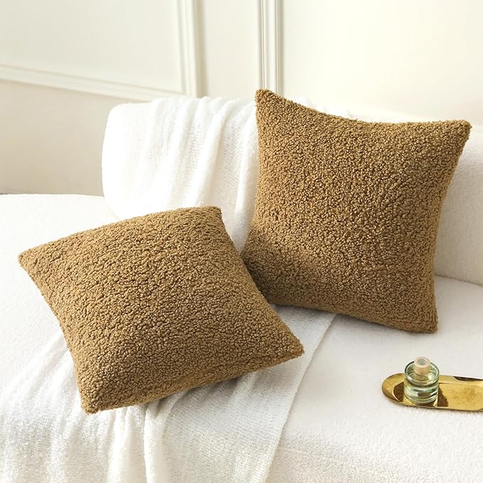 FUTEI Khaki Throw Pillow Covers 26x26 Inch Set of 2,Furry Faux Fur Teddy Boucle Textured Cushion Covers,Soft Fluffy Decorative Euro Pillow Shams,Home Decor for Couch Bed Living Room Office Car