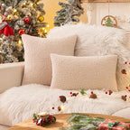 AQOTHES Beige Winter Throw Pillow Covers 18x18 Inch Set of 2, Boucle Faux Fur Pillow Covers,Cozy Fluffy Home Living Room Farmhouse Decor for Sofa Couch Bed