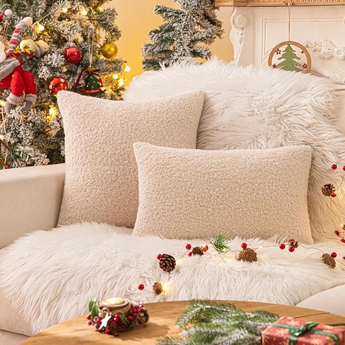 AQOTHES Beige Winter Throw Pillow Covers 18x18 Inch Set of 2, Boucle Faux Fur Pillow Covers,Cozy Fluffy Home Living Room Farmhouse Decor for Sofa Couch Bed