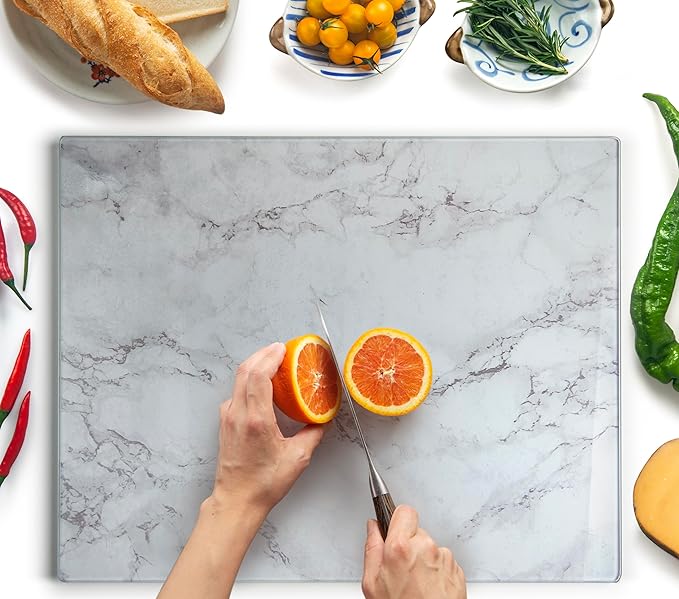 Glass Cutting Board 20”x16”: Tempered Glass Kitchen Counter Protector - Durable- Scratch-Resistant, Heat-Proof - Design 3 - Grey Marble Effect