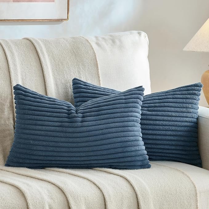 Fancy Homi Set of 2 Dusty Blue Boho Small Lumbar Decorative Throw Pillow Cover 12x20 Inch for Couch Bed Chair, Aesthetic Modern Bohemian Room Decor, Soft Fluffy Corduroy Rectangle Cushion Case 30x50cm