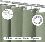 Inhousolu Boho Farmhouse Shower Curtain with Fabric Liner Set, Faux Linen Textured, 14 Metal Hooks Luxury Weighted Hem, Washable Wrinkle Free Bath Curtain for Hotel Bathroom 72" W x 84" L Sage Green