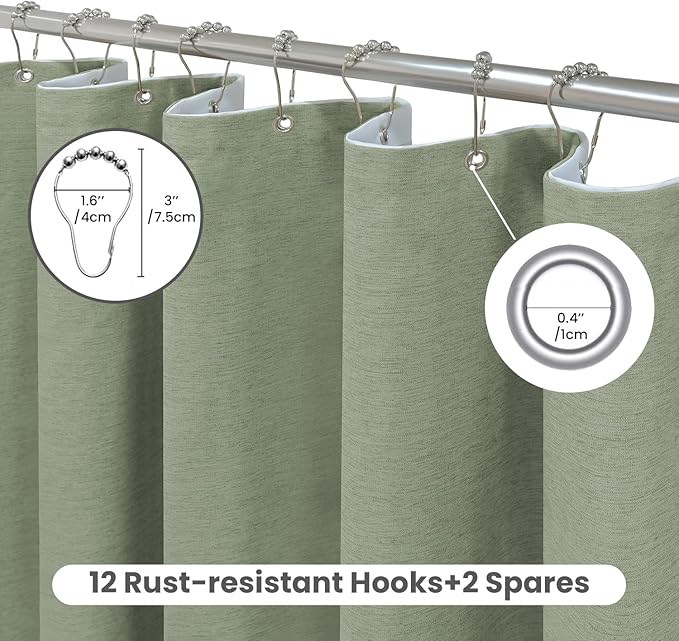 Inhousolu Boho Farmhouse Shower Curtain with Fabric Liner Set, Faux Linen Textured, 14 Metal Hooks Luxury Weighted Hem, Washable Wrinkle Free Bath Curtain for Hotel Bathroom 72" W x 72" L Sage Green