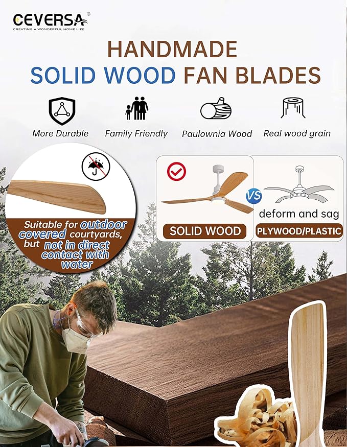 60 Inch Outdoor Natural Wood Ceiling fans with Lights and Remote, 3 Blades Wooden Dimmable Ceiling Fans,Noiseless Reversible DC Motor,Modern Fan for Patio,Living Room,Indoor,Farmhouse