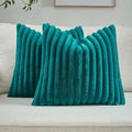 FUTEI Teal Green Striped Decorative Throw Pillow Covers 26x26 Inch Set of 2,Square Winter Decorations Couch Euro Pillow Shams,Soft Cozy Faux Rabbit Fur & Velvet Back,Modern Home Decor for Bed