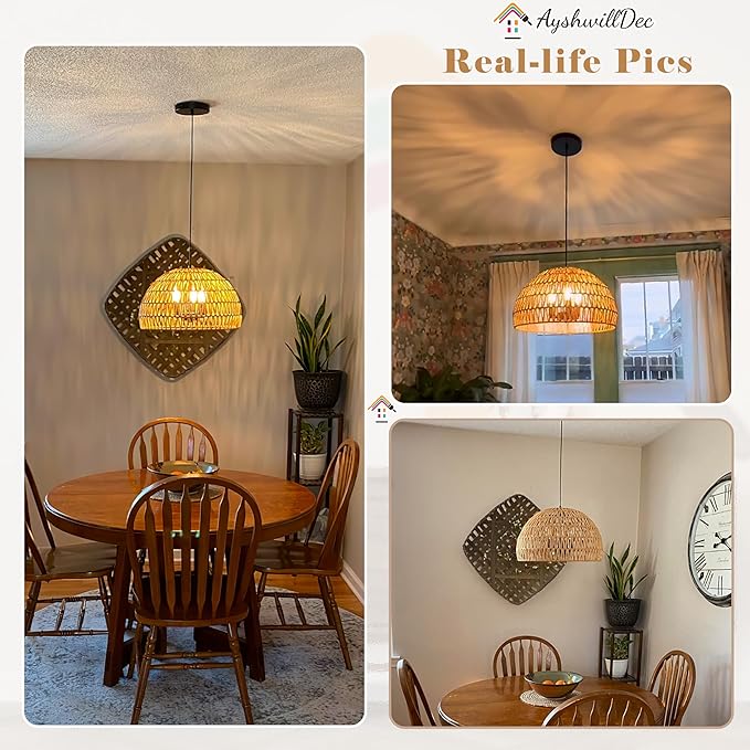 17.6 inch Hemp Rope Woven Pendant Light Wicker Pendant Light 3-light Rattan Light Fixture Boho Chandelier Farmhouse Chandelier Dome Pendants Light for Dining Room Bedroom Kitchen(Bulb Incl