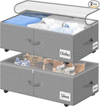 2 Pack Under Bed Storage with Wheels 10" Height, Rolling Storage Bins XXL 60L, Underbed Shoe Storage Containers with Label & Clear Lid, Dorm Under bed Drawers for Clothes, Shoes, Quick Assembly, Grey