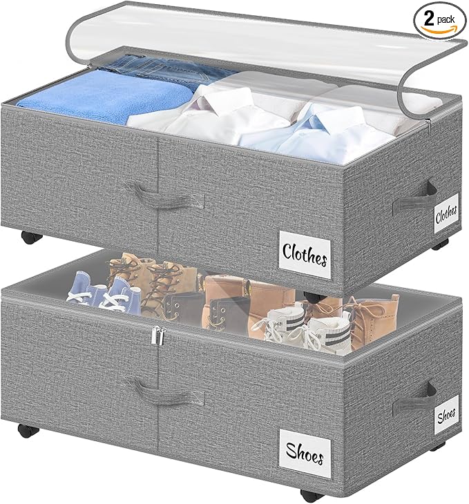 2 Pack Under Bed Storage with Wheels 10" Height, Rolling Storage Bins XXL 60L, Underbed Shoe Storage Containers with Label & Clear Lid, Dorm Under bed Drawers for Clothes, Shoes, Quick Assembly, Grey