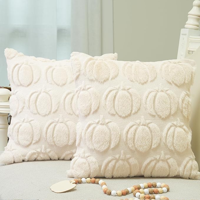 GEEORY Fall Pumpkins Soft Plush Pillow Covers, 18 x 18 Inch Set of 2, Fluffy Faux Fur Wool Decorative Farmhouse Cushion Case for Sofa Home Decoration Beige Pumpkin GC020-18
