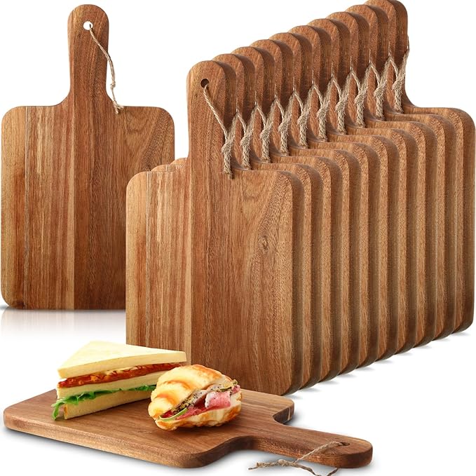 Geetery 16 Pcs Acacia Wood Cutting Board Bulk Kitchen Wooden Chopping Boards with Handle Serving Tray Charcuterie for Pizza, Bread, Cheese, Fruit, Vegetables Housewarming Gift(14 x 8 Inch)