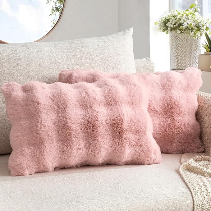 MIULEE Pack of 2 Decorative Pillow Covers Thick Soft Plush Faux Fur Lumbar Throw Pillows Luxury Home Decor for Couch Bedroom Living Room Sofa,12x20 Inch Light Pink